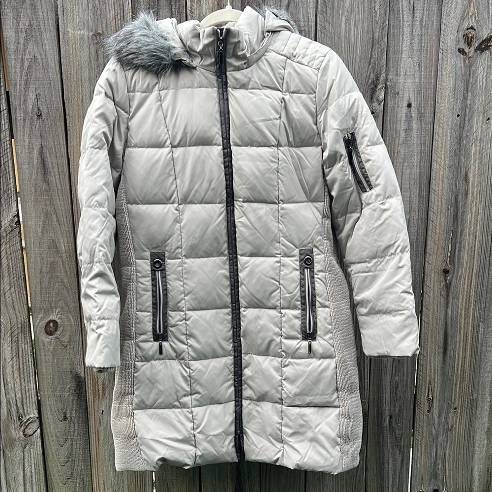 Women's Gray Quilted Jacket with Faux Fur Hood